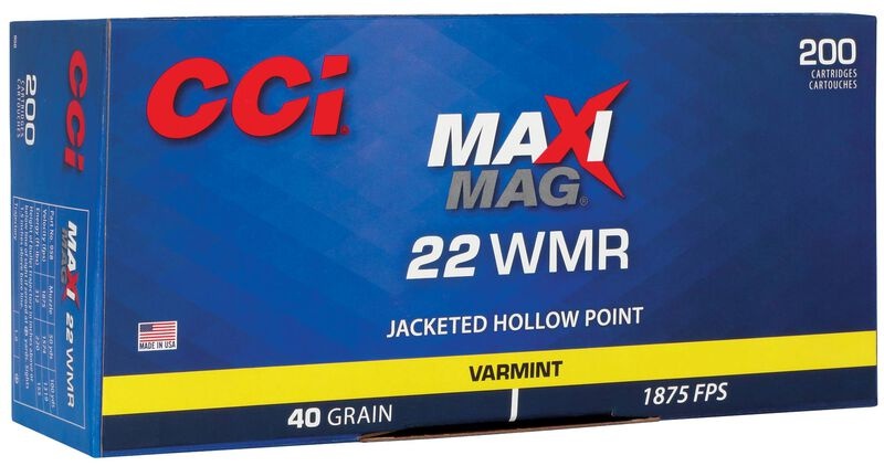 CCI MAXI MAG 22 WMR 40GR JACKETED HOLLOW POINT BRASS CASED 200RD BOX