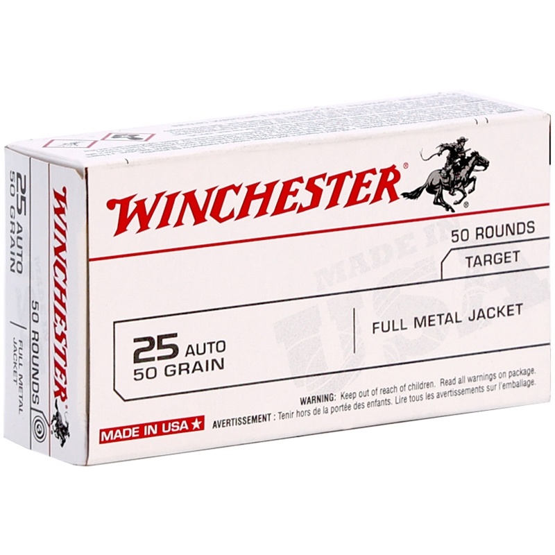.25 ACP - WINCHESTER 25 AUTO 50GR FMJ BRASS CASED - 50 ROUND BOX