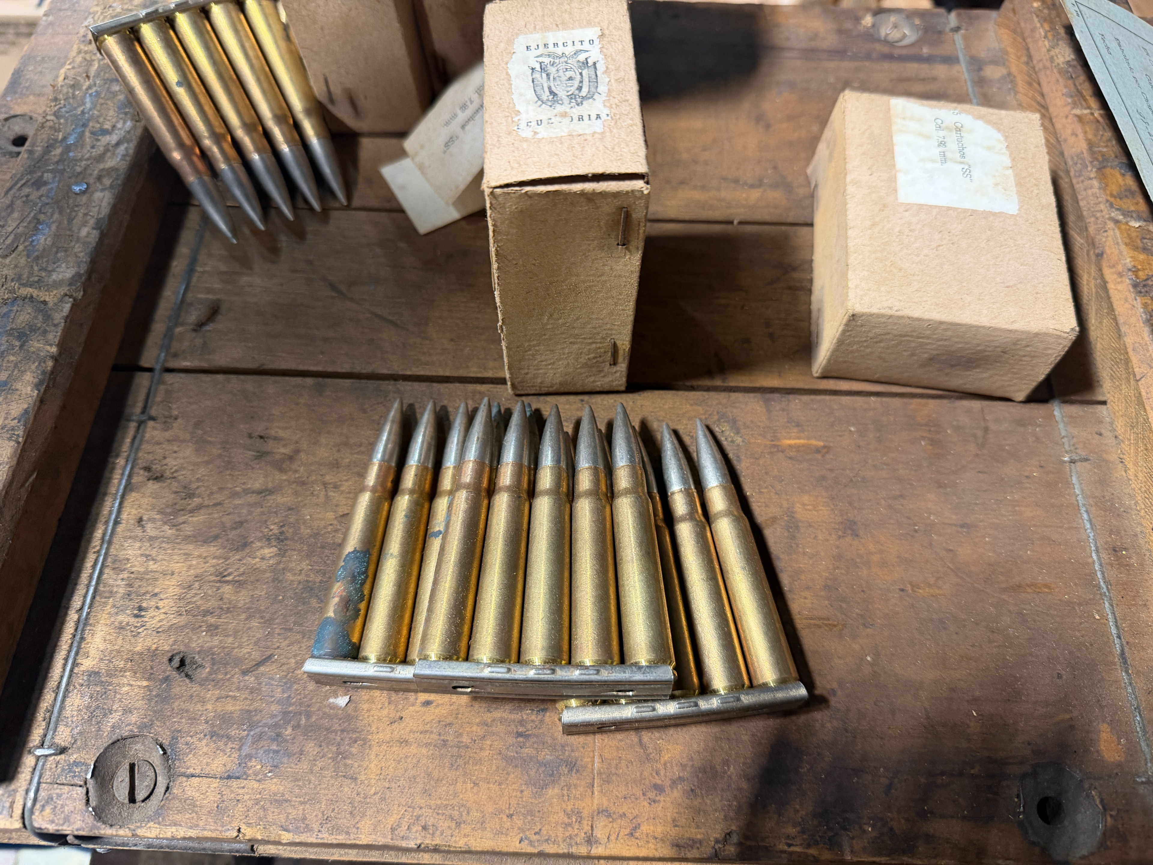 MILITARY SURPLUS ARGENTINA AND ECUUADORIAN 8MM MAUSER 198GR FMJ CORROSIVE 15RD BOX ON CLIPS - Image 1