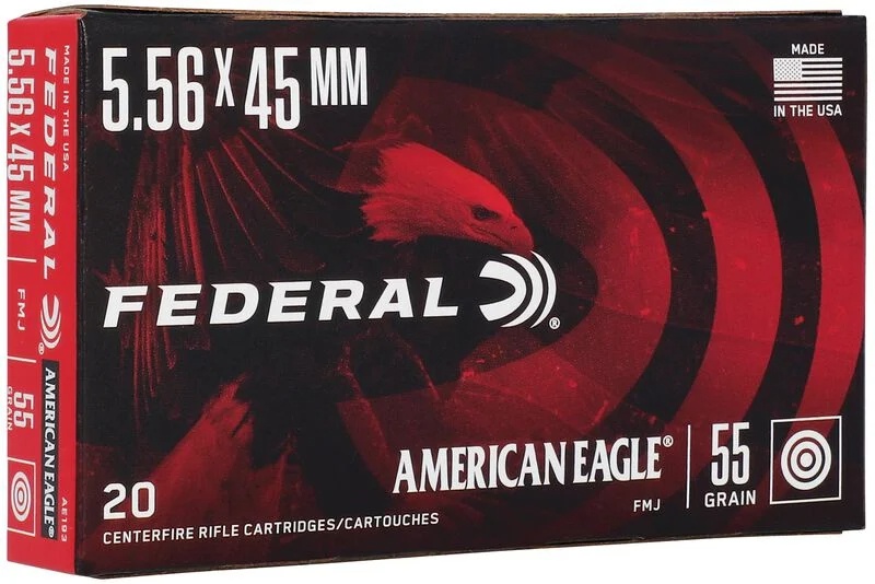5.56x45mm NATO - FEDERAL AMERICAN EAGLE 55GR FMJ (M193) BRASS CASED - 20 ROUND BOX