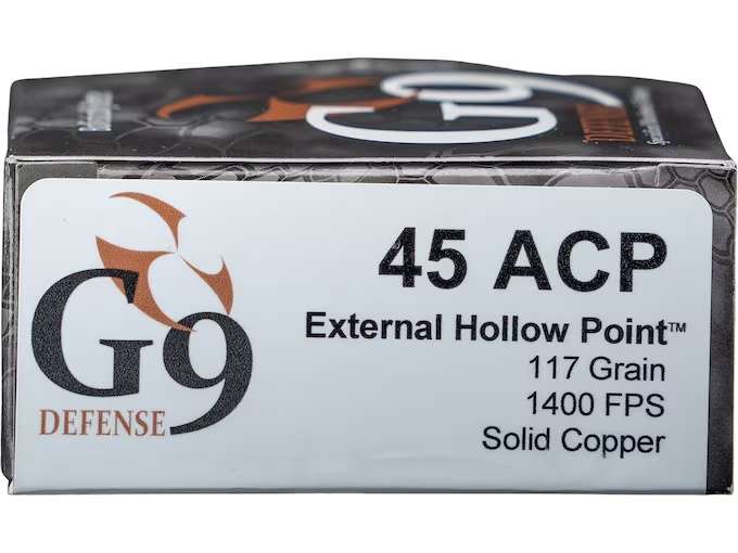 G9 Defense 45 ACP +P 117 Grain Hollow Point Brass Cased Pistol Ammo 20 Rounds E-45ACPP-117A - Image 1