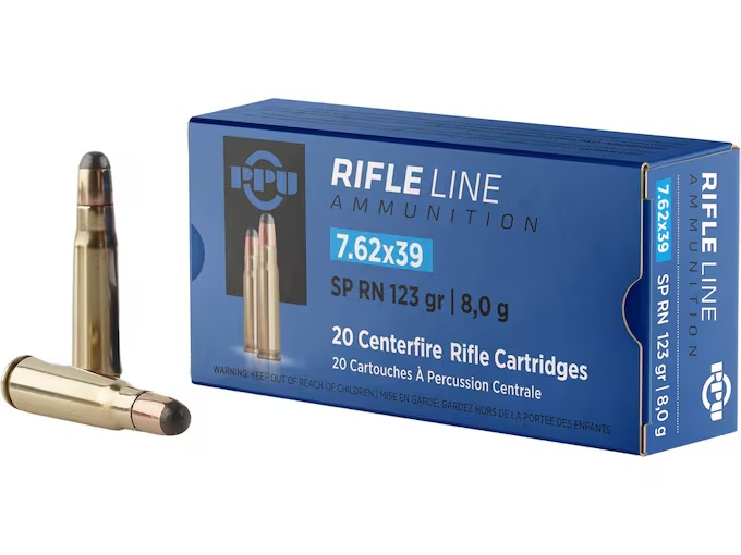 PPU 7.62X39 SP SOFT POINT  123GR BRASS CASED 20rd box - Image 1