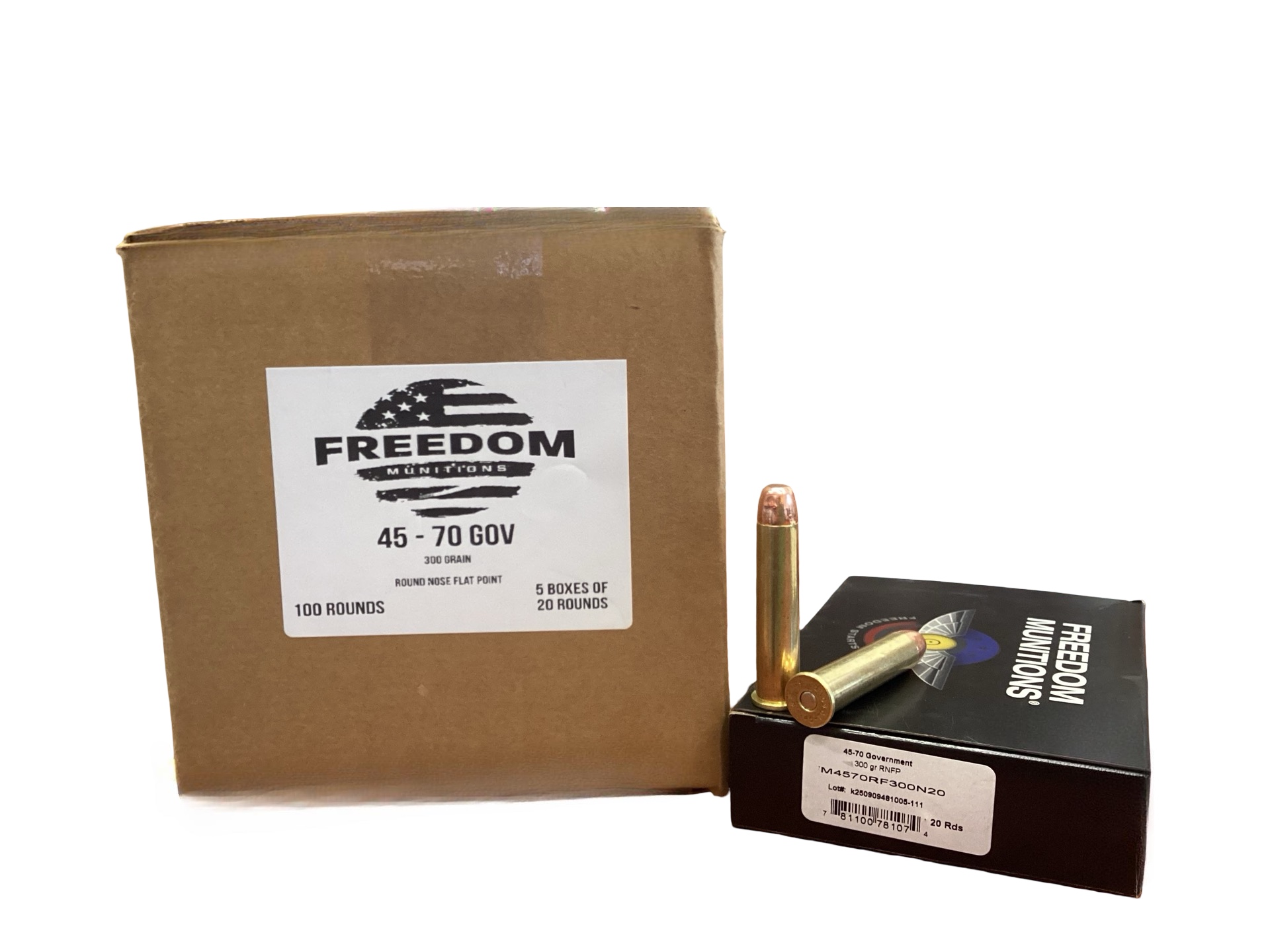 .45-70 Government - Freedom Munitions 300 Grain Round Nose Flat Point (FM4570RF300N20) - 100 Round Case 